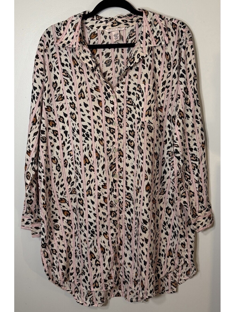 Victoria Secret Pajama Nightgown Pink Stripe Leopard Print Sleepshirt Size XL